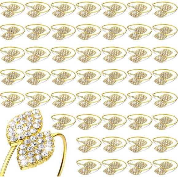 100 Pcs Napkin Rings Set Gold Bling Napkin Rings Metal Leaves Rhinestone Guest - Picture 1 of 7